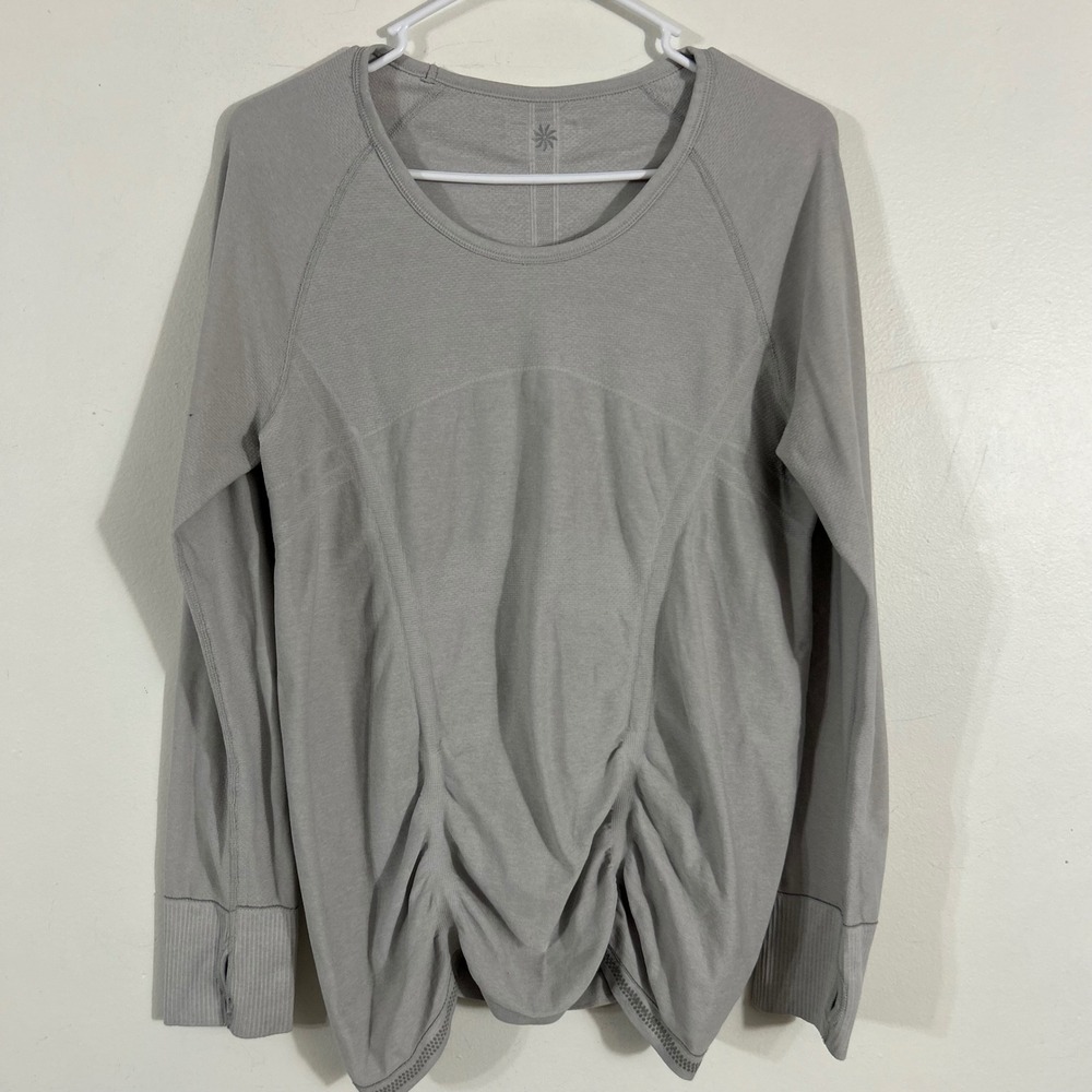Athleta Momentum Ruched Long Sleeve Top Womens Medium Gray Thumbholes 934023